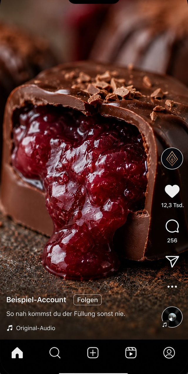 Reel in Großaufnahme: eine aufgeschnittene Praline mit fließender Fruchtfüllung, darunter „So nah kommst du der Füllung sonst nie.“